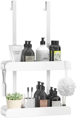 Produktbild von PromoHome® Duschregal zum Aufhängen, ohne Bohren – Badezimmer-Organizer mit 4 Haken, für glatte Glastüren, 2 Ablageflächen, weiß