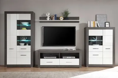 Immagine prodotto di Parete attrezzata Etero 350cm cemento scuro / bianco lucido vetrina moderna in vetro