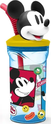 Produktbild von Tataway Disney Mickey Mouse Wiederverwendbarer Kinderbecher aus Kunststoff, blau, 360 ml, mit Strohhalm und 3D-Charakterfigur