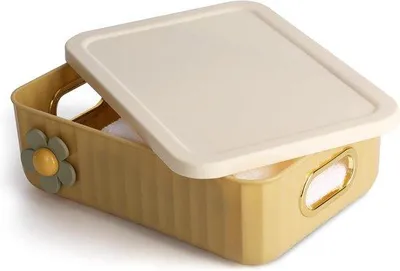 Image de Boîte de rangement en plastique avec couvercle et poignée pour la cuisine - Boîte de rangement jaune pour organiser les tiroirs.