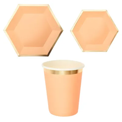 Produktbild von 30-teiliges Party-Set Sechseck apricot-gold inkl. Pappteller Groß, Pappteller Klein und Pappbecher