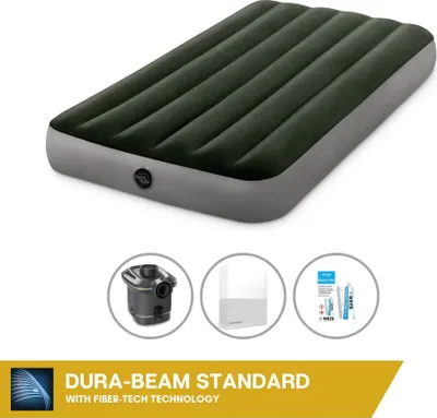 Produktbild von Intex Luftbett - 1 Person - 99 x 191 x 25 cm - Grün - Mit Pumpe + Spannbettlaken Weiß + Reperaturset