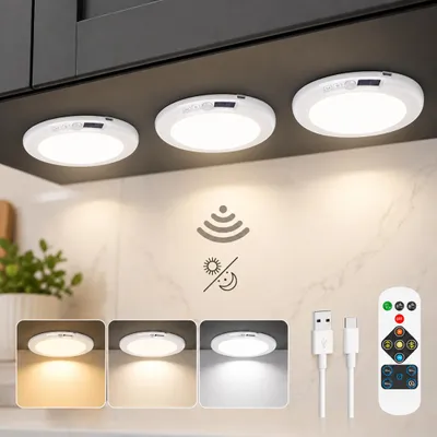 Productafbeelding van Draaibare LED-plafondlamp met bewegingssensor, draadloos, op batterijen, geschikt voor binnen gebruik in badkamers, keukens, woonkamers, kelders, slaapkamers, gangen, balkons en garages, diameter 19 cm