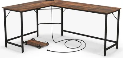 Immagine prodotto di Scrivania per computer a forma di L con presa di corrente e amp; Supporto CPU e amp; Robusta scrivania angolare con struttura in metallo marrone