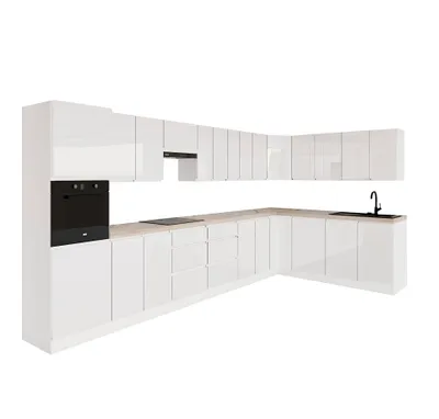 Produktbild von Winkelküche 420 x 200 cm Eckküche Einbauküche ohne Arbeitsplatte Küchenblock Ohne E-Geräten , KA8-M420 , Weiß/Hochglanz