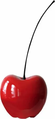 A single red cherry with a black stem on a white background.
