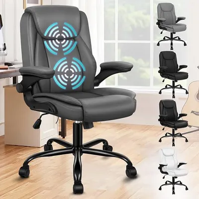 Productafbeelding van Ergonomische bureaustoel, massagestoel, chefstoel, bureaustoel met verstelbare armleuningen, draaistoel met kantelfunctie (90°-135°), computerstoel met wielen, vergaderstoel van kunstleer, grijs