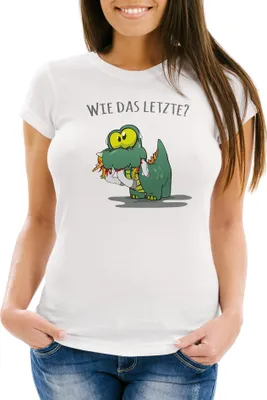 Produktbild von Damen T-Shirt Fun Motiv kleiner Dino frisst Einhorn Spruch "Wie das Letzte?" Fun-Shirt lustig Moonworks® weiß L
