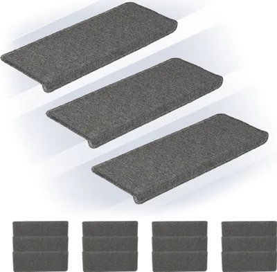 Image de Lot de 15 tapis d'escalier Relaxdays, tapis d'escalier rectangulaires, L x P : 65 x 24 cm, tapis d'escalier autocollants, gris