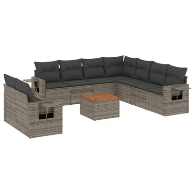 Produktbild von Gartenmöbel-Set 10-tlg., Sofagarnitur mit Stauraum & wasserabweisendem Beutel, Poly Rattan Grau, Akazienholz Tischplatte, UV-beständig