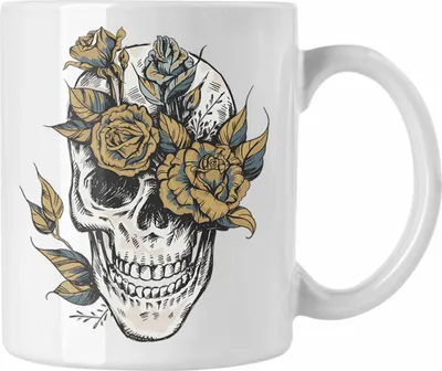 Produktbild von Trendation - Totenkopf Kaffee Tasse Frauen Mädchen Männer Tattoo Geschenk Damen Idee Grafik Blumen (Weiß)