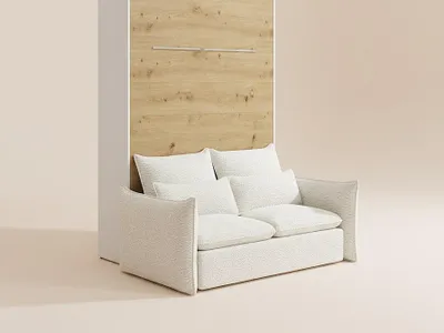 Produktbild von Schrankbett 140 x 200 cm - Manuelle vertikale Öffnung - Mit LEDs - Weiß & Natur + Sofa - RAPILI
