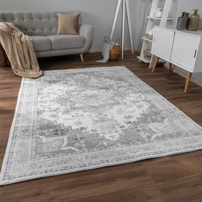 Produktbild von Teppich Wohnzimmer Kurzflor Rutschfest Weich Orientalisch Bordüre Ornament Grösse 160x220 cm