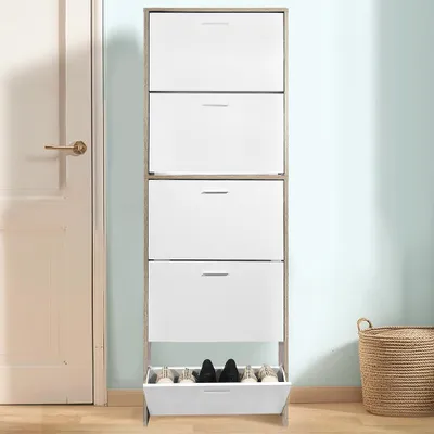 Produktbild von CASABEL Schuhschrank für 15 Paar,  große Kapazität für den Eingangsbereich,  L 60 x B 17 x H 180 cm,  Türen aus hellem Holz, weißer Rahmen