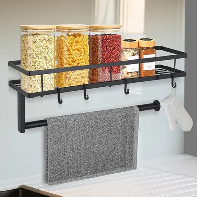 Produktbild von Schwarzes Gewürzregal für Wand | Ohne Bohren | Mit Küchenrollenhalter und 4 Abnehmbaren Haken | 40cm Küchenregal für Gewürze