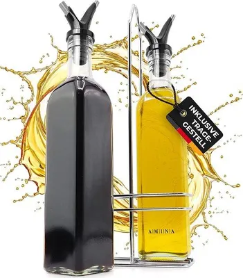 Image de Ensemble distributeur d'huile et de vinaigre Famanu - (Andalousie) 500 ml, 2 carafes en verre avec double bec verseur et support en acier inoxydable