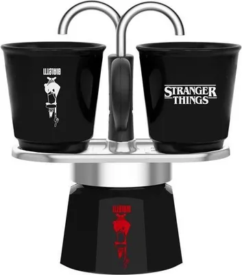 Produktbild von Italienische Kaffeemaschine Bialetti Mini Express Stranger Things Set, 2 Thermosensitive Tassen, Schwarz/Rot, 130 ml