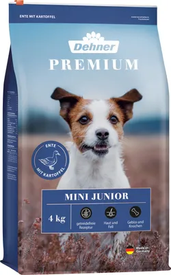 Produktbild von Dehner Premium Hundefutter Junior, Trockenfutter getreidefrei, für Welpen und junge Hunde kleiner Rassen, Ente / Lamm / Kartoffel, 4 kg