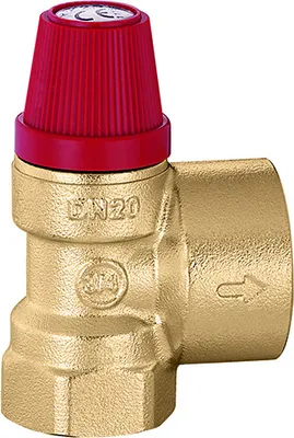 A brass safety valve with a red cap, isolated on a white background.