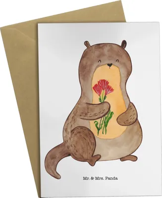 Produktbild von Mr. & Mrs. Panda valentinstagskarte Otter Blumenstrauß - Weiß - Geschenk, dankeskarten, Grußkarten, einladungskarten, weihnachtskarten, osterkarte, Süß, Seeotter See