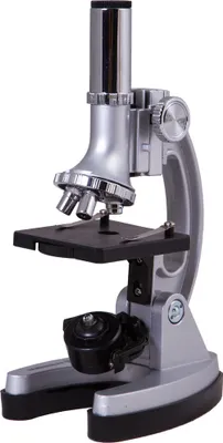 A silver and black microscope is shown against a white background.