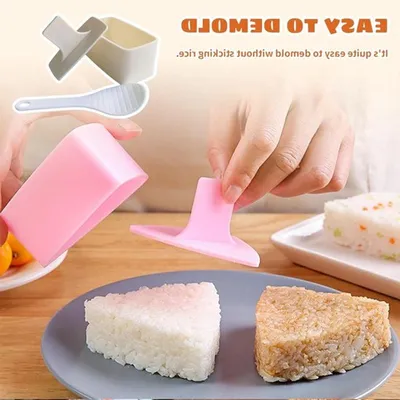 Set von 2 Onigiri-Makern - Beigefarbene rechteckige und rosa dreieckige Reisbällchenformer mit Löffel für Sushi und