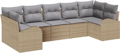 Produktbild von Möbel 7-teiliges Garten-Sofa-Set mit Kissen Beige Poly Rattan, 2-Sitzer Garten-Sofa mit Stauraum & Kissen Beige Poly Rattan - Gartensofas 3354859