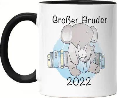 Produktbild von Großes Bruder 2022 Tasse Schwarz Süßes Motiv Elefant Hase Schwangerschaft Geschenk Baby-News