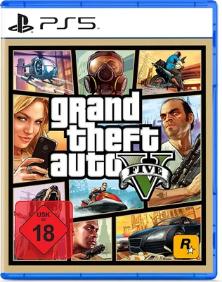A collage of images from the Grand Theft Auto V game, showing various characters, vehicles, and game elements, with the game's logo prominently displayed. The PS5 logo and rating information are also visible.