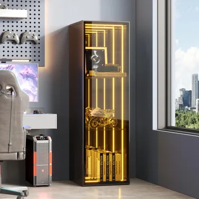 Image de Vitrine éclairée par LED, meuble vitrine en verre avec système de fermeture douce, 3 étagères réglables, vitrine élégante pour collectionneurs, dimensions : 30 cm de largeur x 30 cm de profondeur x 90 cm de hauteur