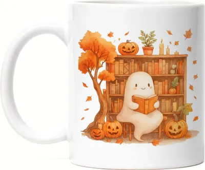 Produktbild von Tasse Weiß Geist Bibliothek Kürbis Halloween Geschenkidee