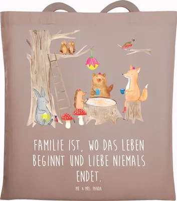 Produktbild von Mr. & Mrs. Panda Tote Bag Waldtiere Picknick - Braun Pastell - Geschenk, Maus, Tasche, Igel, Jutebeutel, Eichhörnchen, Beutel, Hase, Fuchs, Einkaufstasche, Unitasche