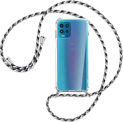 Produktbild von Handykette Backcover-Schutzhülle mit Band (Metall silberfarben) für Motorola Moto G100 - schwarz/grau/weiß