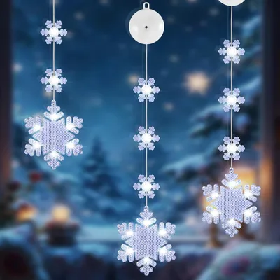 Produktbild von 3er Set LED Fensterdeko Weihnachten, Schneeflocken in Weiß, je 8 LEDs mit Timer, Fensterbeleuchtung mit Saugnäpfen und Klebehaken für Innen und Außen