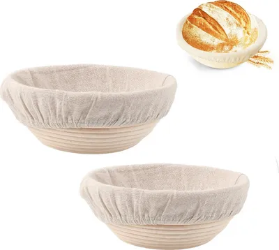 Image de set de 2 paniers de fermentation Panier de fermentation Forme du pain Rond en rotin Lavable en lin Panier de fermentation en rotin naturel pour la maison Levain de boulangerie