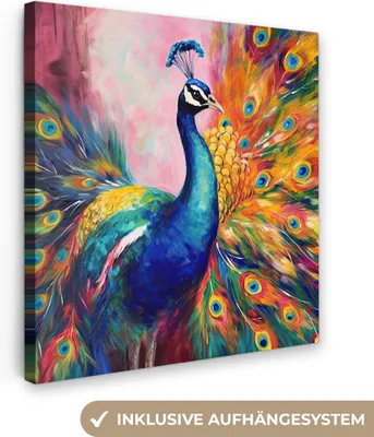 Obrázek produktu pro OneMillionCanvasses® - Obraz na plátně - Páv - Zvířata - Malba - Duha, nástěnná malba, nástěnné dekorace obrazy obývací pokoj, 90x90cm