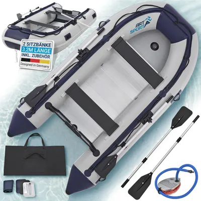 Produktbild von ArtSport Schlauchboot 3,20 m für 4 Personen mit 2 Sitzbänke & Aluboden – Paddelboot mit Paddel, Pumpe, Tasche & Reparaturset – Angelboot aufblasbar