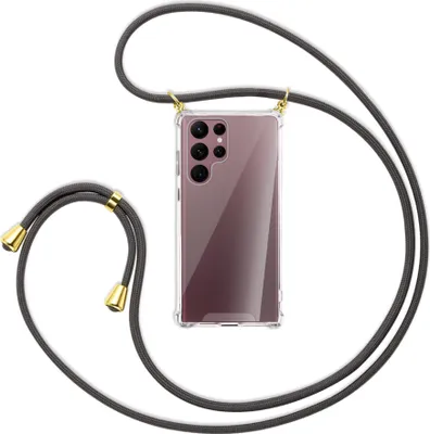 Produktbild von Handykette Backcover-Schutzhülle mit Band (Metall goldfarben) für Samsung Galaxy S22 Ultra 5G (S908) - dunkelgrau