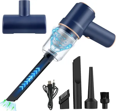 A dark blue handheld vacuum cleaner with various attachments and a USB charging cable, displayed against a white background.