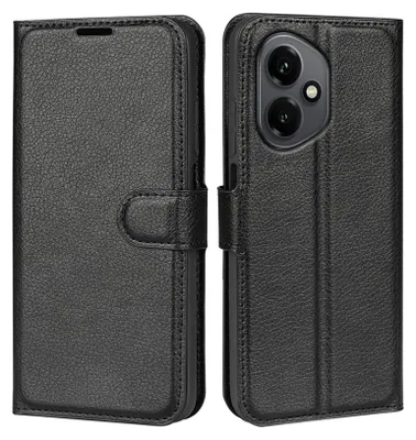 A black leather flip case for a smartphone is shown from two angles.