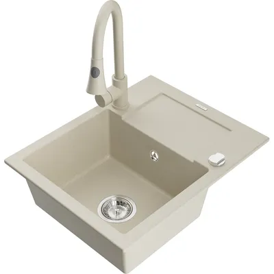 Zdjęcie produktu dla Mexen Enzo zlewozmywak granitowy 1-komorowy z ociekaczem i baterią kuchenną Elia, beżowy - 6506-69-670101-69