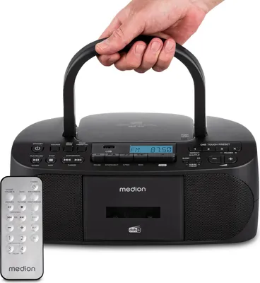 Produktbild von MEDION DRX-1 Plus Boombox (tragbares DAB+ UKW Radio, Bluetooth, CD-Player, MP3, Kassette, Kopfhöreranschluss, Stereo Sound System, AUX, Netz & Batterie) schwarz