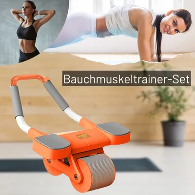 Produktbild von Bauchmuskeltrainer-Set: Bauchroller, eine Kniematte und ein Fitnessband