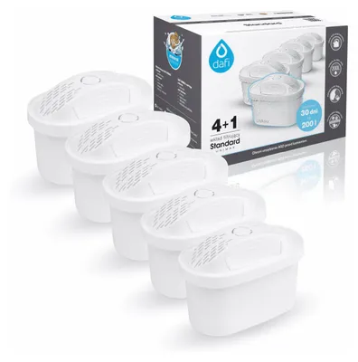A set of five white water filter cartridges and their packaging.