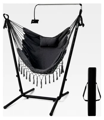 Produktbild von Hängesessel mit Gestell, höhenverstellbarer Hängesitz mit Handyhalter, Kissen und Seitentasche, Hängestuhl Hängeschaukel bis 250 kg belastbar, für Innen- und Außenbereich (Grau)