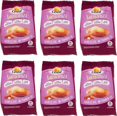 Produktbild von 6x Céréal BuoniSenza Madeleine alle Mandorle Mandel Madeleines Ideal zum Frühstück Süßer Snack mit Mandelgeschmack glutenfrei, milchfrei und zuckerfrei 180g Packung