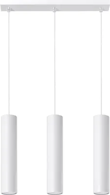 A white pendant light fixture with three cylindrical lampshades hanging from a white bar.