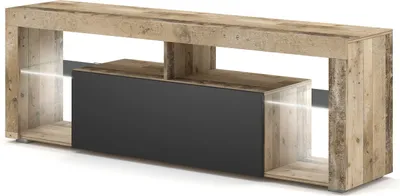 A modern TV stand with a wood-like finish and a dark anthracite drawer, featuring integrated LED lighting.