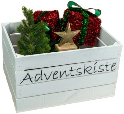 Produktbild von Adventskiste weiss mit schwarzer Auschrift
