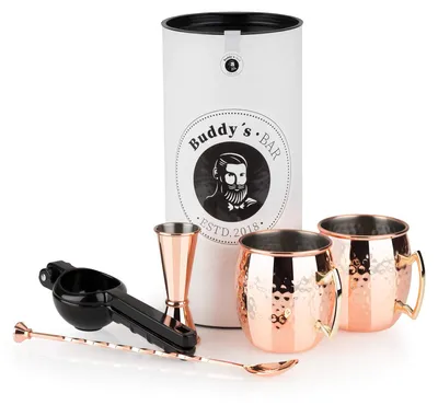 Immagine prodotto di Buddy’s Bar - Set completo Moscow Mule, 2 bicchieri da cocktail da 500 ml, cucchiaio da bar da 27 cm, misurino da 5 cl e spremi-lime nero, adatto al contatto con gli alimenti